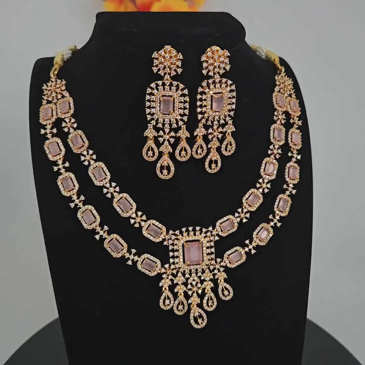 Gold plated american diamond mint green necklace and earring set | two layer ad