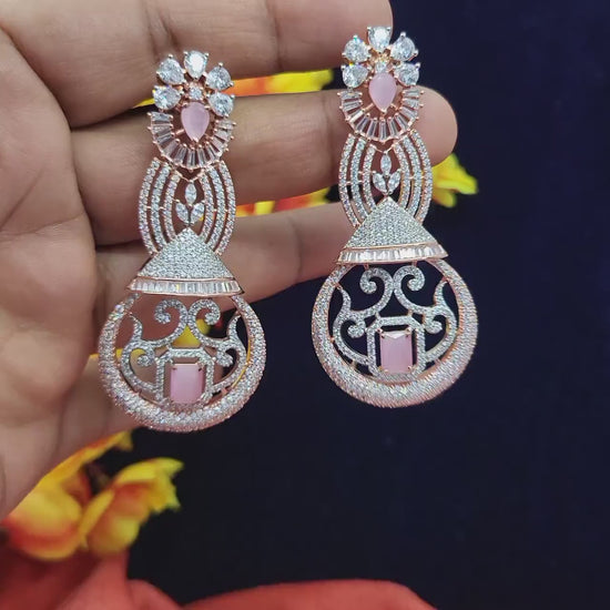 Rose Gold Plated American Diamond Chandelier Earrings| Indian Bollywood Style fashion party wear Jewelry| AD Chandbali Earrings|Gift For her