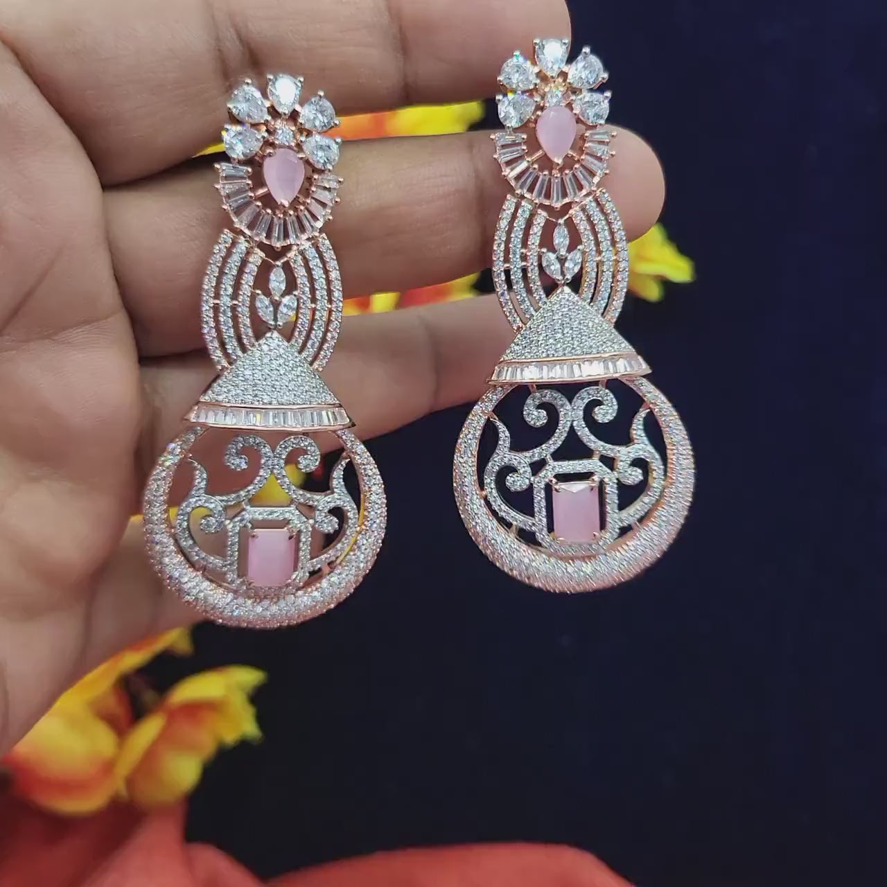 Rose Gold Plated American Diamond Chandelier Earrings| Indian Bollywood Style fashion party wear Jewelry| AD Chandbali Earrings|Gift For her