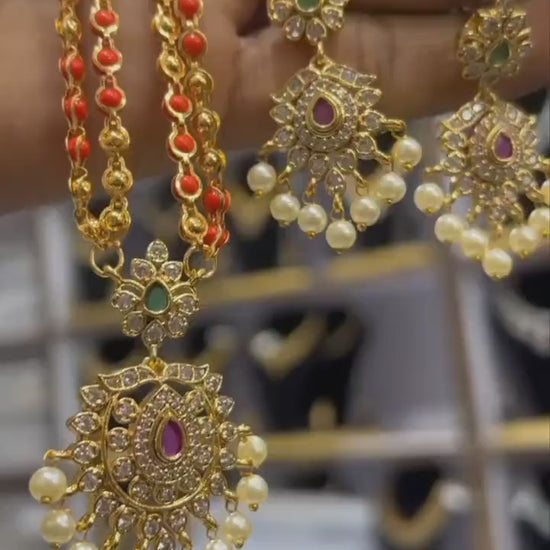 Matte gold plated haram necklace and earring set with floral design|traditional south indian jewelry|bollywood style cz american diamond set
