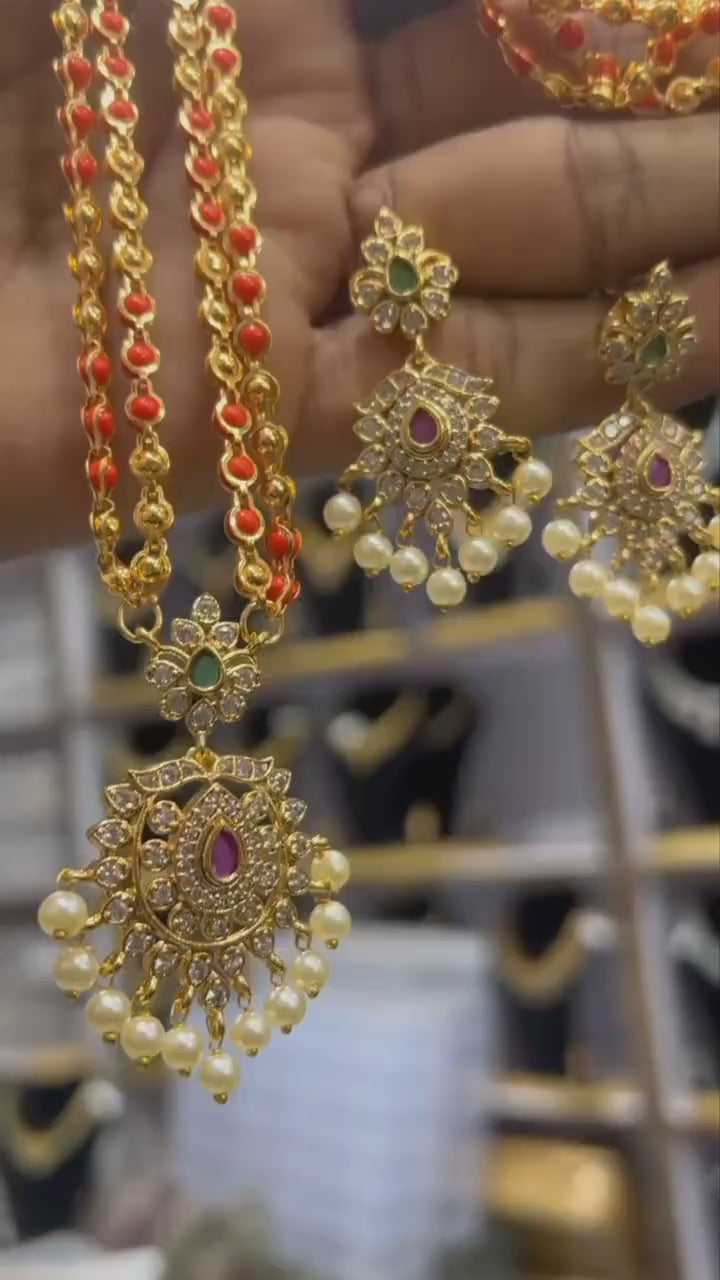 Matte gold plated haram necklace and earring set with floral design|traditional south indian jewelry|bollywood style cz american diamond set