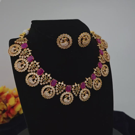Antique Matte Gold Peacock Necklace Set with Earrings| Ruby & Green CZ Temple Jewelry| South Indian Bridal Wedding Necklace| Gift for her