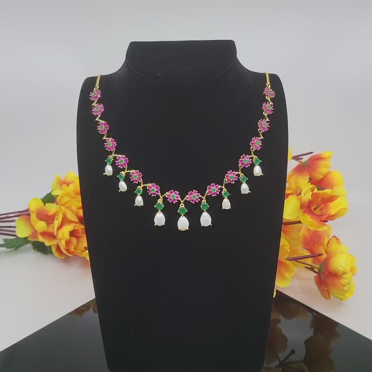 Gold plated pearl ruby emerald necklace | real pearl necklace | american diamond crystal floral necklace with pearl drop choker for wedding