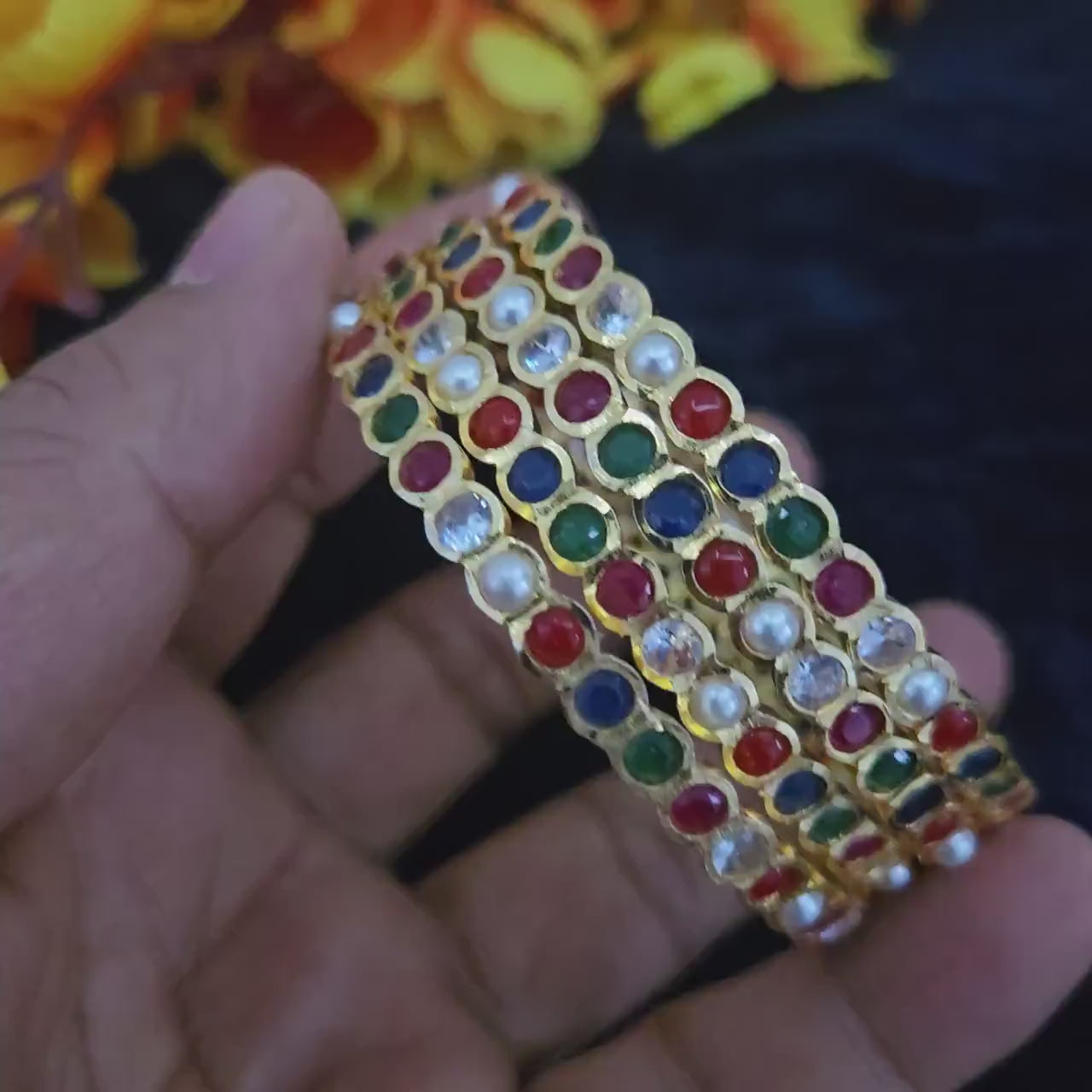 One gram gold multi-color stone bangles 4-piece| traditional south indian bangles| stylish navaratna light weight bangles| gift for her