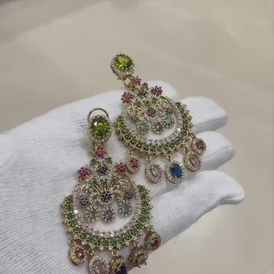 Sabyasachi Inspired Chandbali Earrings, Multicolor Indian Statement Earrings, Navratna Style Crescent Chaandbalis, Bollywood Wedding Jewelry