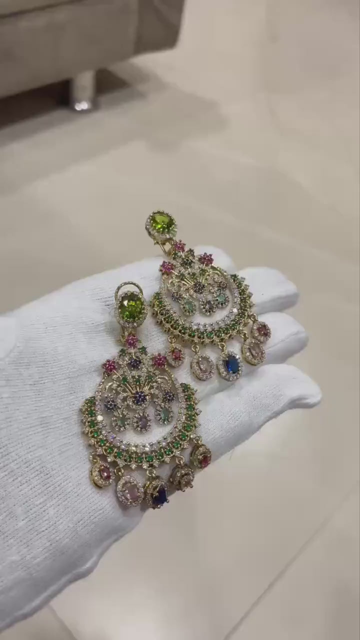Sabyasachi Inspired Chandbali Earrings, Multicolor Indian Statement Earrings, Navratna Style Crescent Chaandbalis, Bollywood Wedding Jewelry