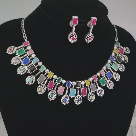 Traditional indian silver oxidized choker necklace with multicolor gemstones & matching earrings set| german silver jewelry | gift for her