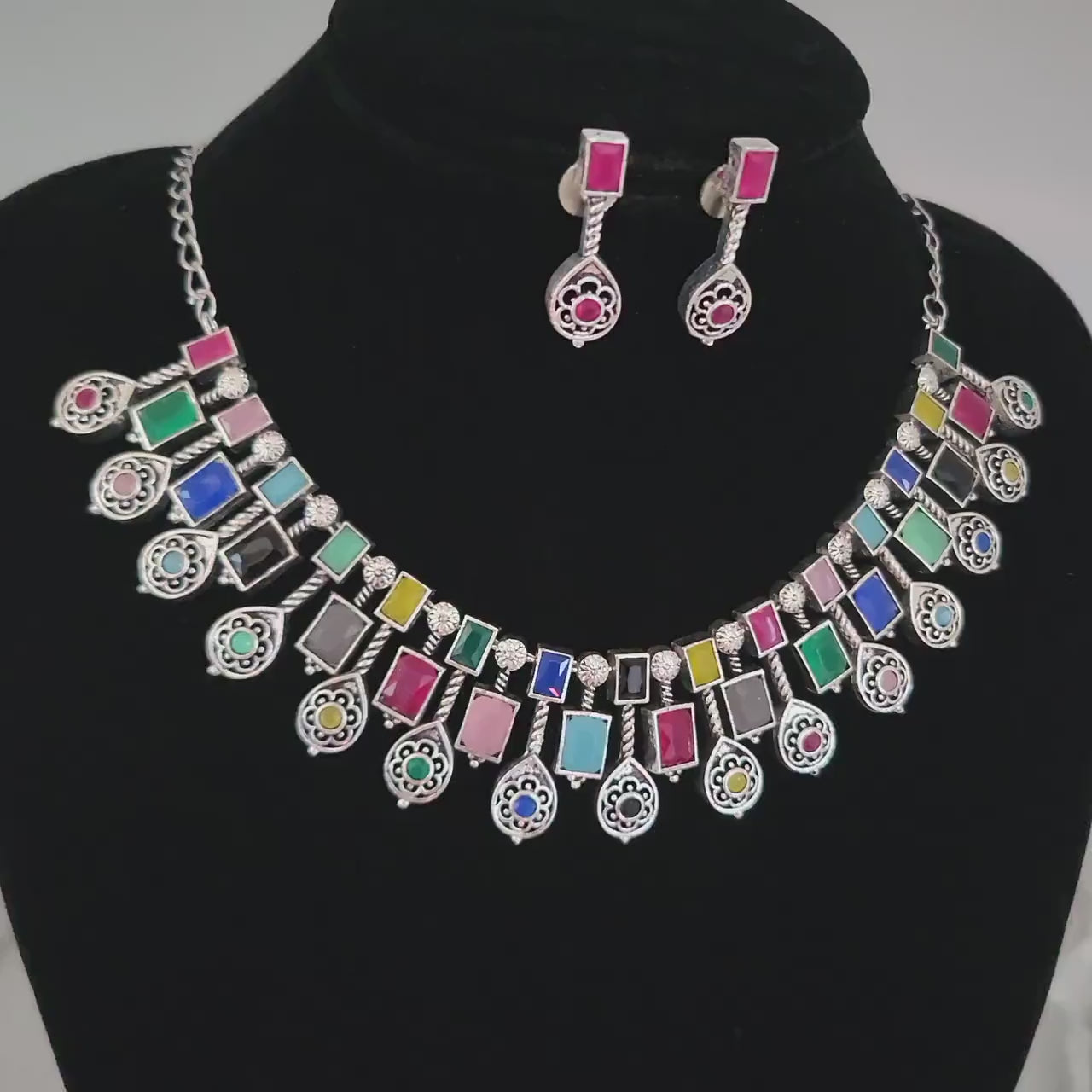 Traditional indian silver oxidized choker necklace with multicolor gemstones & matching earrings set| german silver jewelry | gift for her