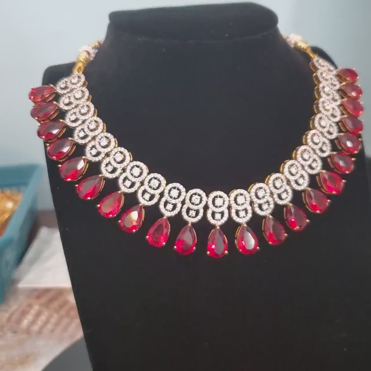 Pear Shape Magenta Stone American Diamond necklace | Indian Designs Gold plated CZ Diamond Choker Jewelry set