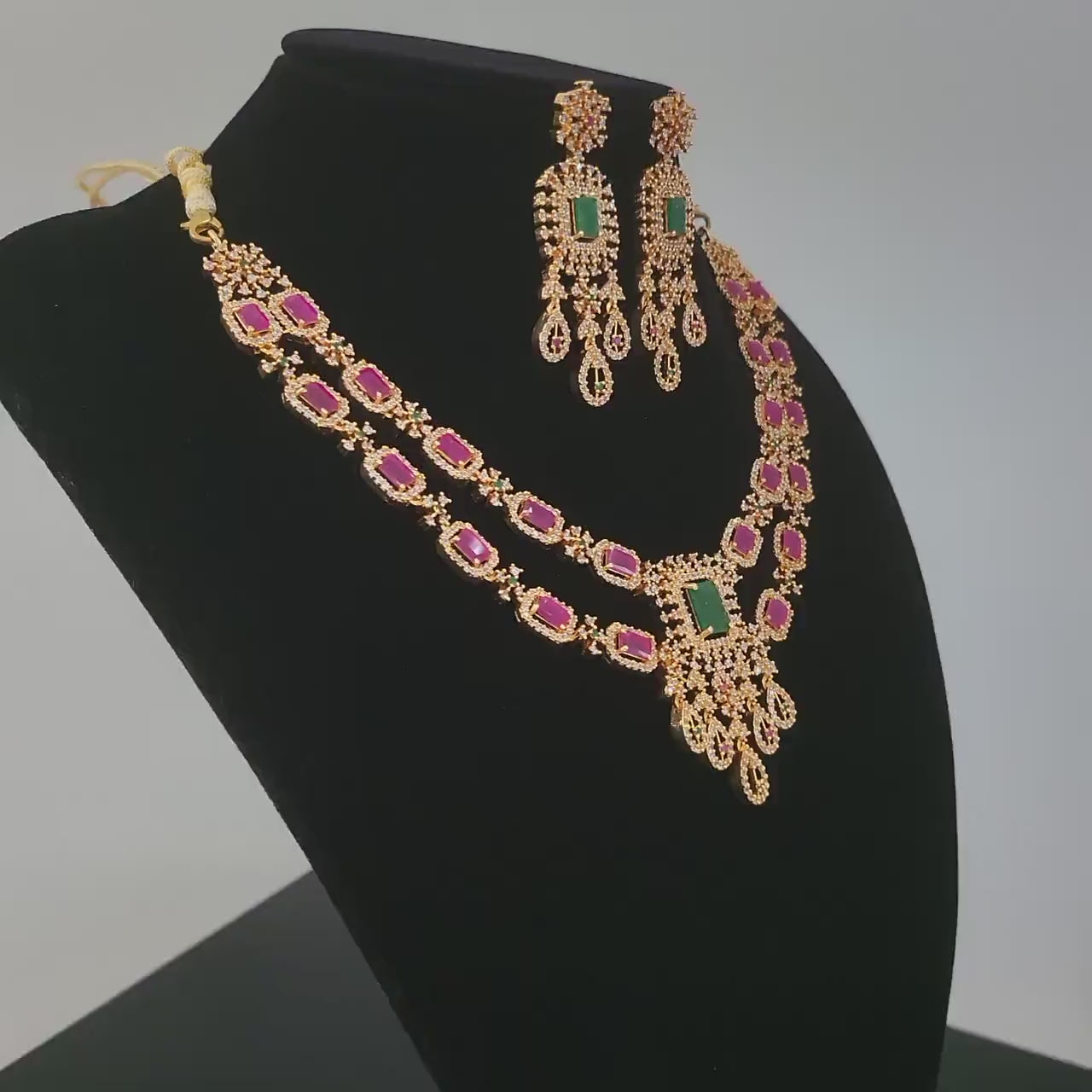 Exclusive Gold Plated American Diamond necklace with Emerald cut Ruby stones| Two layer AD necklace Indian Wedding jewelry set| Gift for her