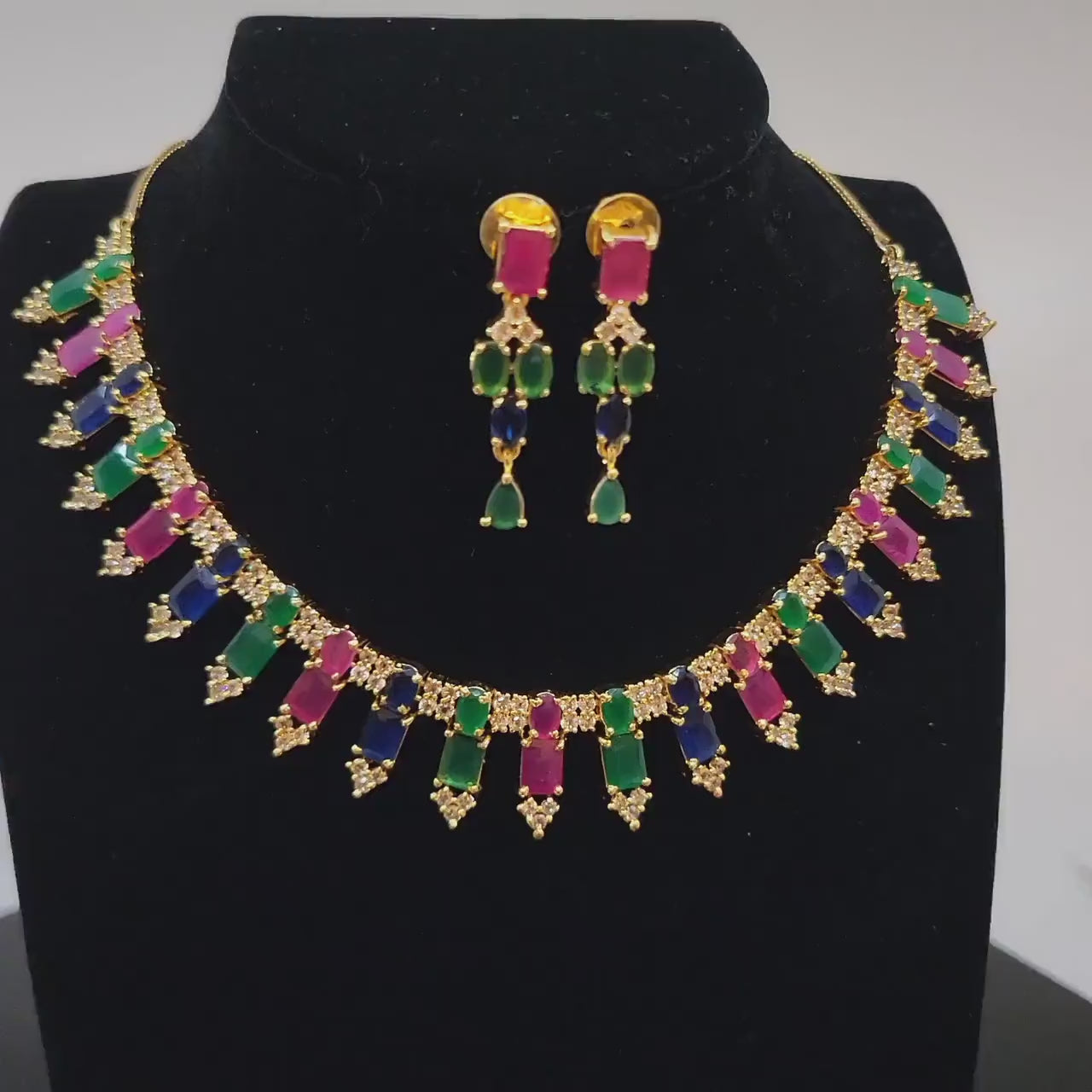 Gold plated Cz American Diamond ruby, Emerald and Blue Sapphire stones necklace earrings Indian Jewelry | AD stones Simple gold choker set