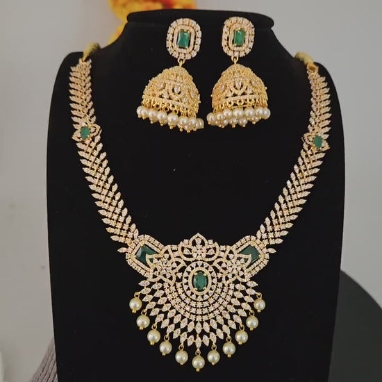 Gold Plated American Diamond Ruby/Green Necklace with Jhumka Earrings| South Indian Style wedding necklace| Statement necklace| Gift for her