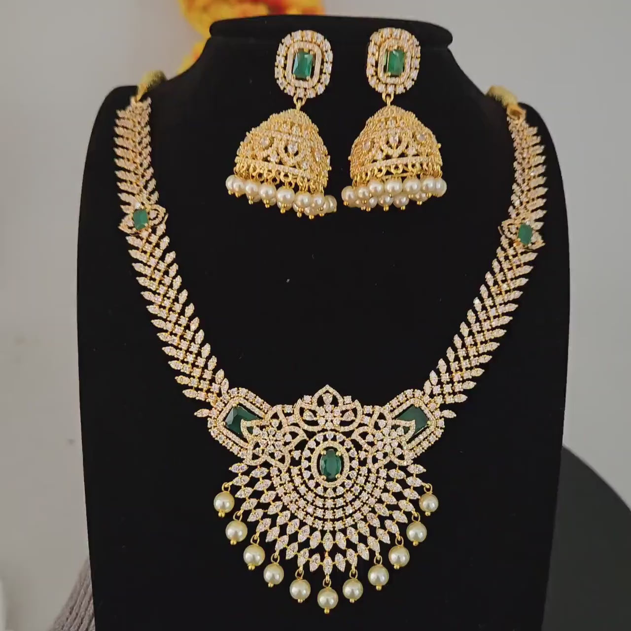 Gold Plated American Diamond Ruby/Green Necklace with Jhumka Earrings| South Indian Style wedding necklace| Statement necklace| Gift for her