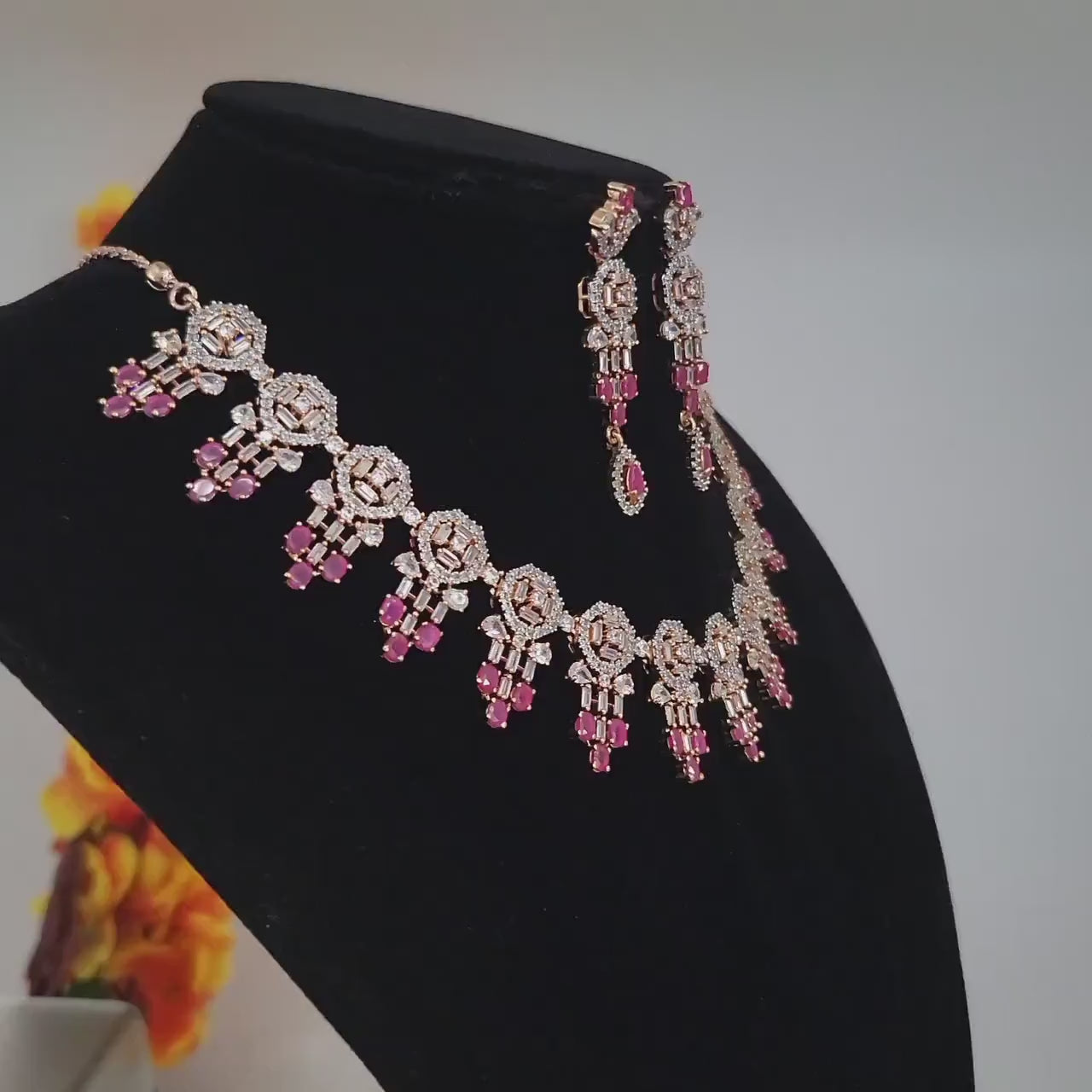 Rose Gold American Diamond Necklace set with Ruby Accents|CZ Diamond Bridal Necklace|Indian, Pakistani,Punjabi wedding jewelry|Gift for her