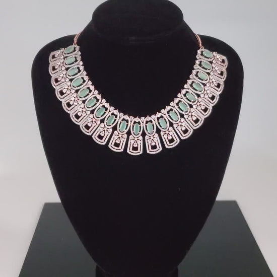 Rose gold american diamond necklace jewelry | earring mang tikka set | in pink-mint green oval stones studded with real teardrop crystals