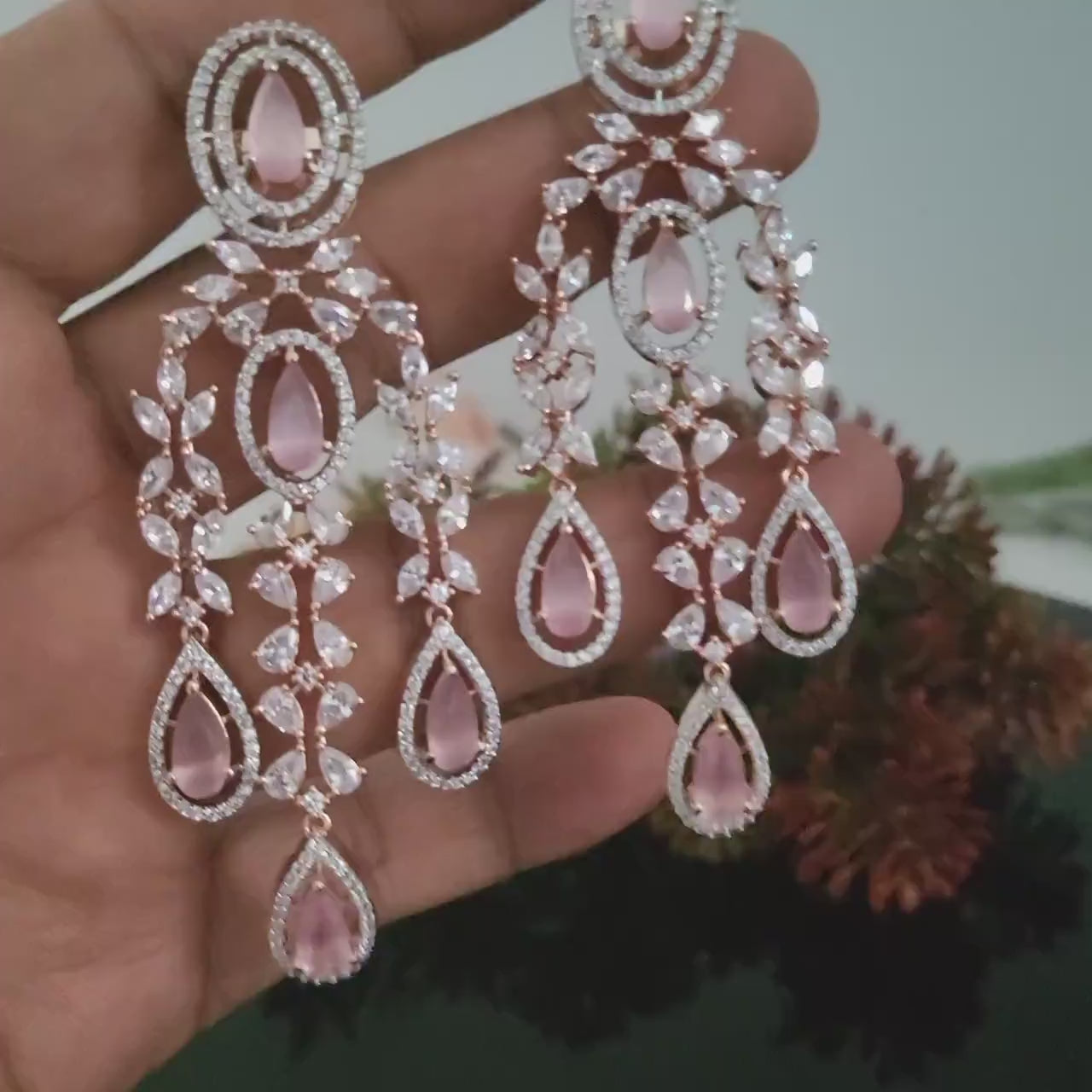 American diamond Rose-Gold chandelier earrings | Triple strand drop earrings | bridal earrings for Indian wedding | earrings for bridesmaid