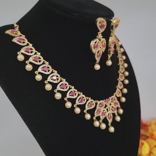 Gold-plated american diamond necklace and earrings set with ruby accents and pearls| cz diamond topaz/blue sapphire necklace| gift for her