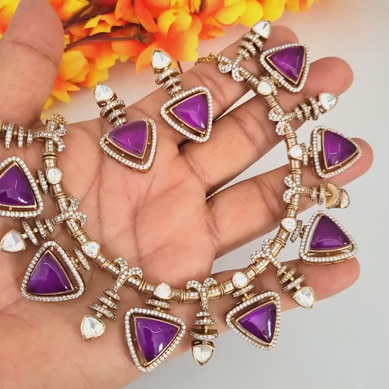 Pink doublet and moissanite stone necklace & earring set| victorian gold purple kundan sabyasachi inspired jewelry| statement necklace set