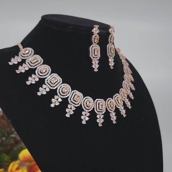 Rose Gold American Diamond Yellow Topaz Necklace Mang Tikka set |Wedding Gift| Stylish Bridal choker Jewelry|Emerald, Ruby and Topaz  stones