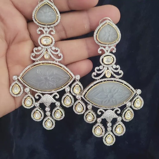 Carved stone earrings | long statement earrings | american diamond earrings kundan stones | bollywood jewelry | pakistani kundan earrings