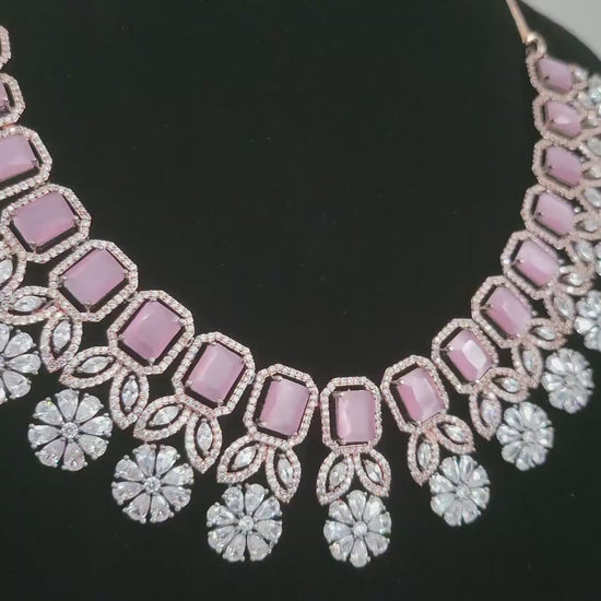 American diamond baby pink - black and rose gold plated oxidized necklace | ad wedding jewelry set indian | cz wedding choker jewelry pink