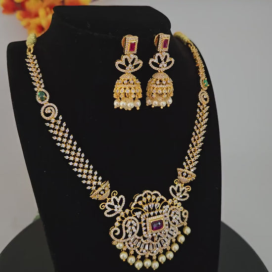 Gold-plated bridal necklace set with ruby and ad stones | designer jhumka earrings & pearl drops | south indian style necklace| gift for her