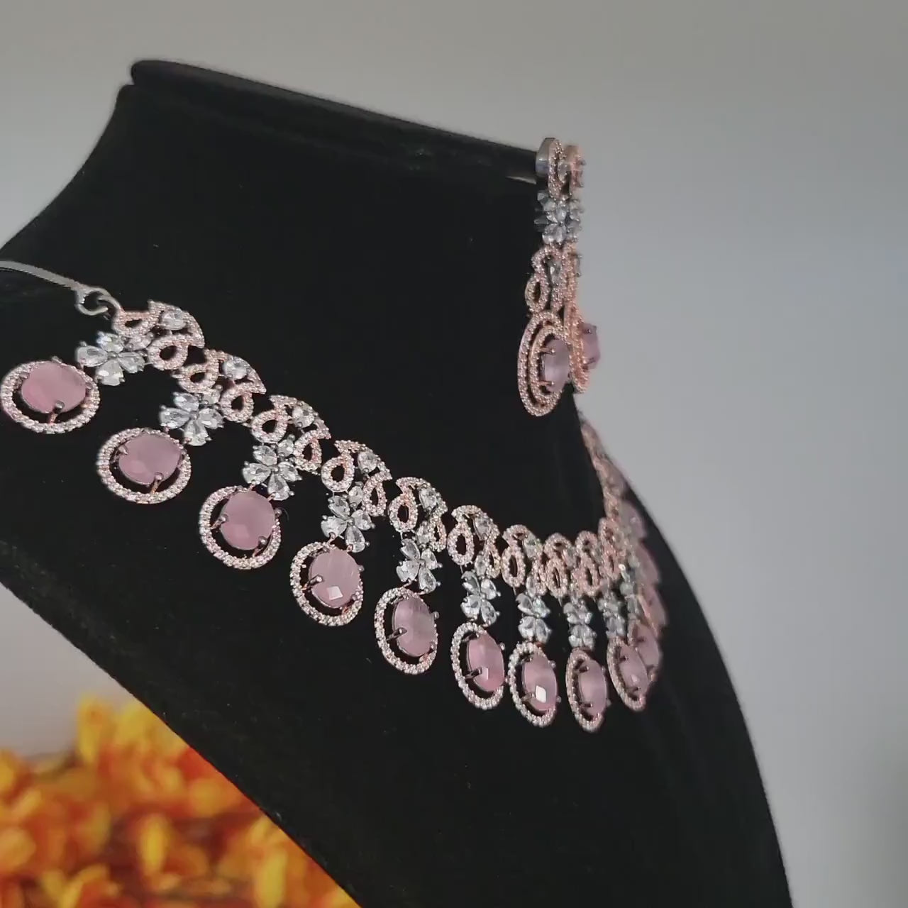 Pink wedding necklace with american diamond cz stones| statement jewelry| rose gold and oxidized black polish choker jewelry| gift for her