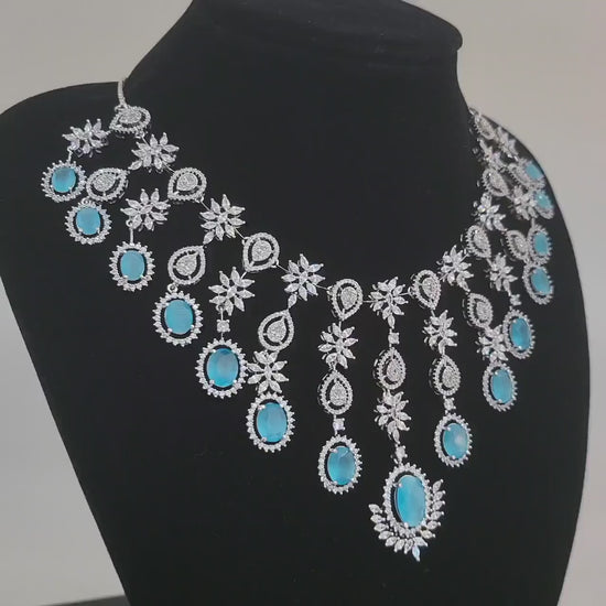 American diamond pink bridal necklace set-silver plated | cz choker necklace for wedding | unique design cubic zirconia wedding necklace set