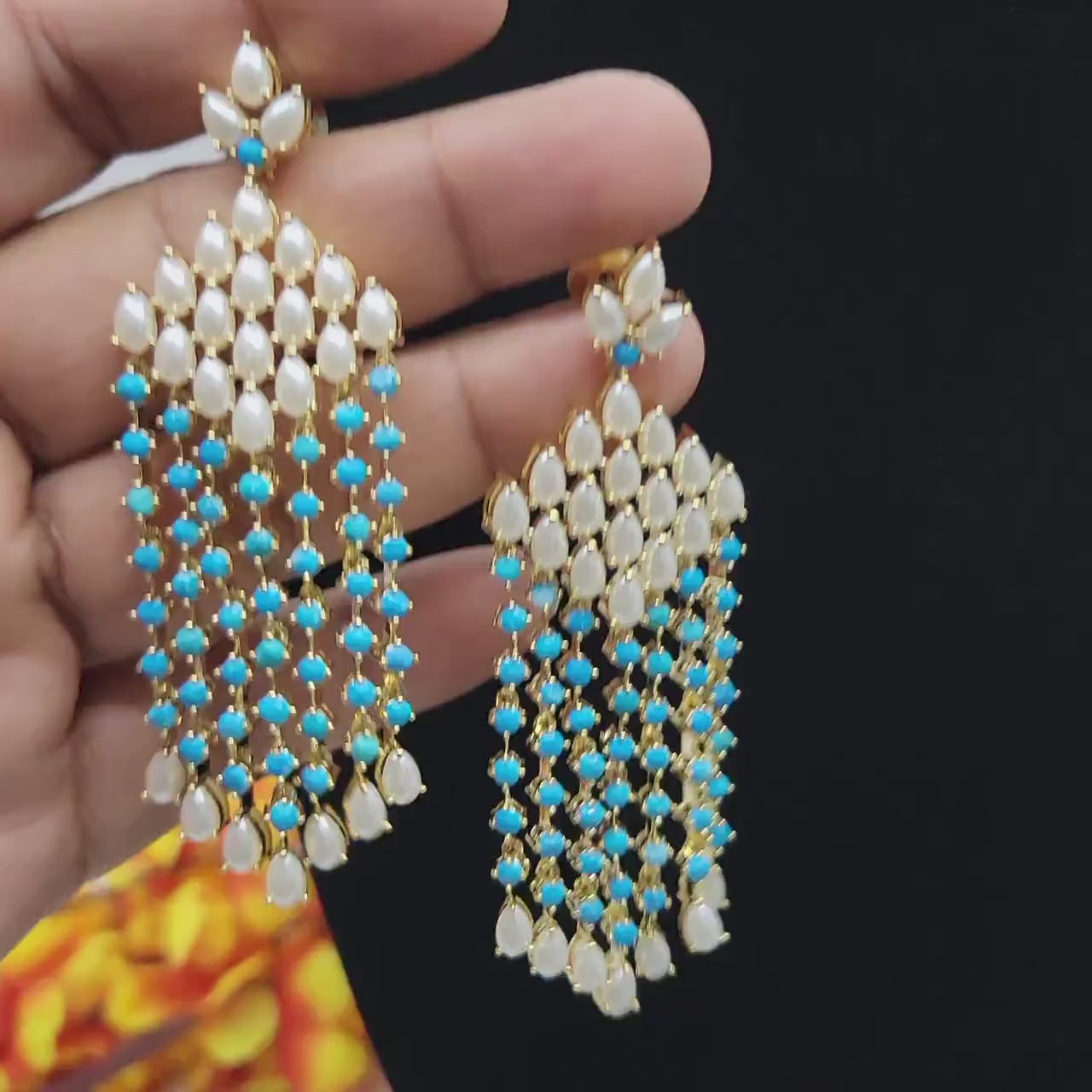 Turquoise /green/cz stones-pearl gold plated multi strand dangle drop earrings|celebrity earrings|natural pearl chandelier earrings