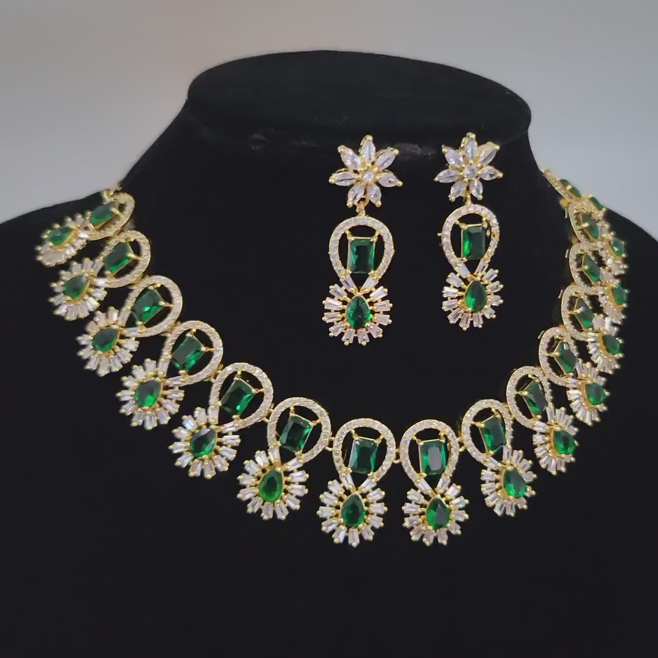 American diamond necklace set | Gold plated cubic zirconia necklace | Emerald green stone gold necklace designs | Indian Wedding Jewelry