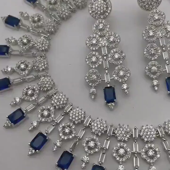 Silver plated american diamond necklace set & matching earrings| wedding statement jewelry| luxury blue stone necklace| party wear necklace