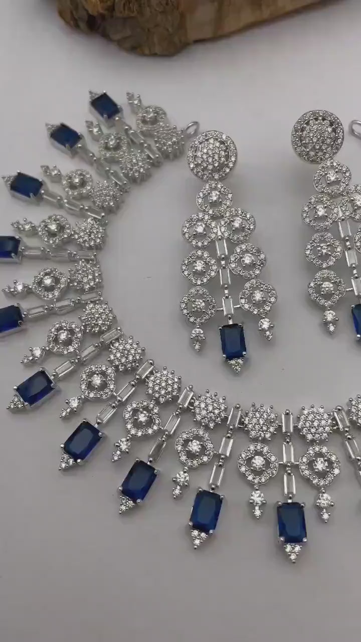 Silver plated american diamond necklace set & matching earrings| wedding statement jewelry| luxury blue stone necklace| party wear necklace