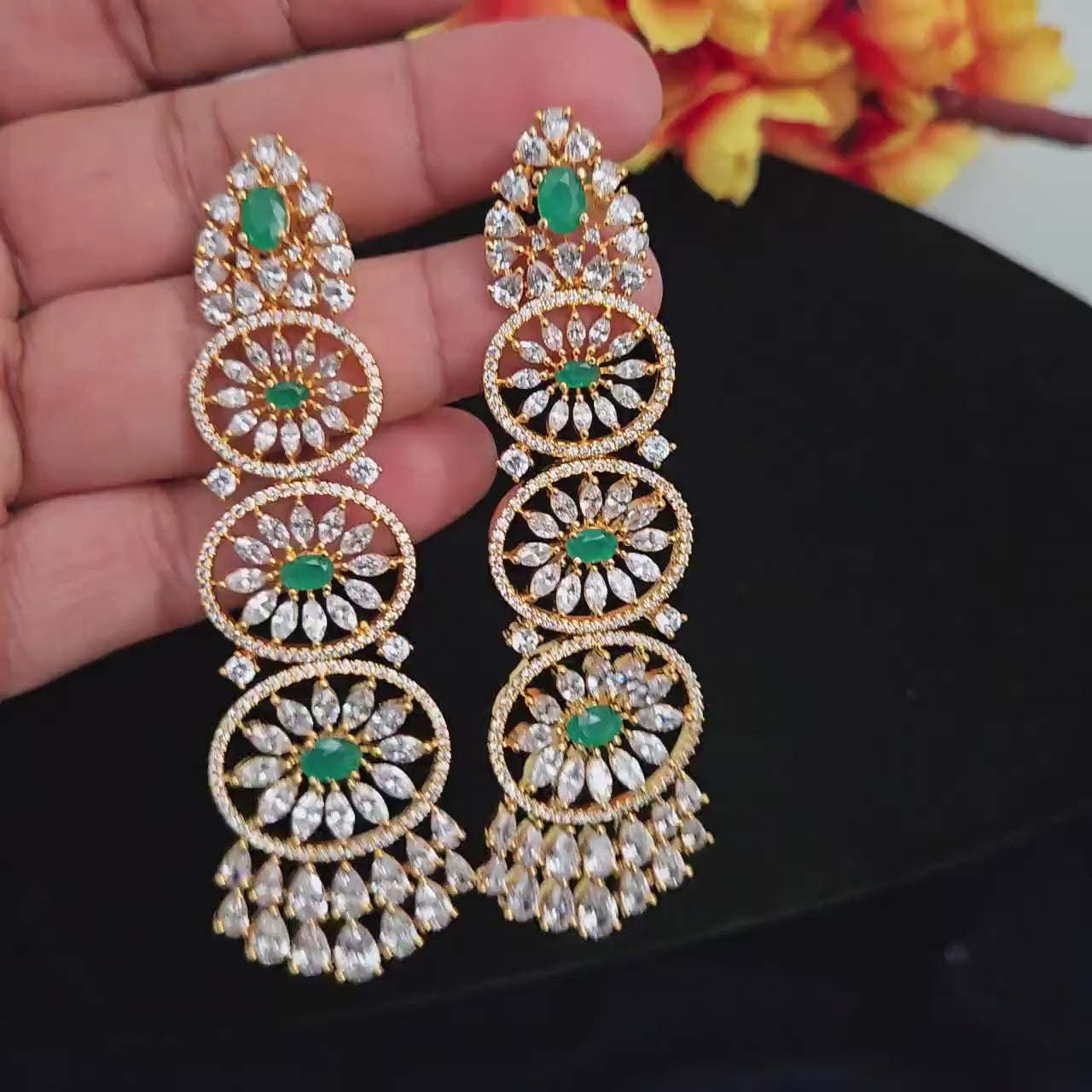 Long ad stone dangle earrings| american diamond drop earrings| bollywood style party jewelry| wedding reception long earrings| gift for her