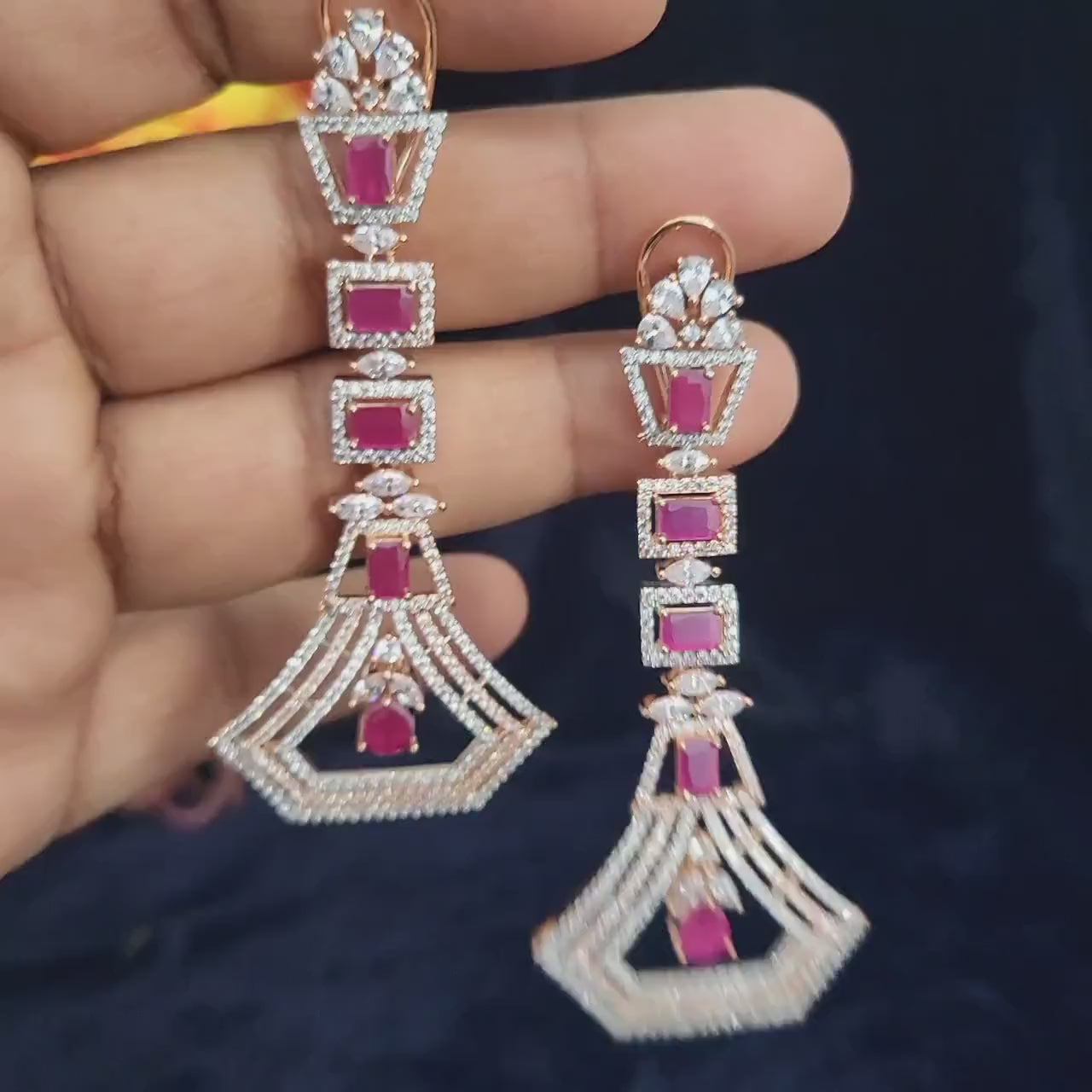 Rose gold american diamond chandelier earrings| elegant statement earrings for wedding| indian wedding cz ad crystal earrings| gift for her