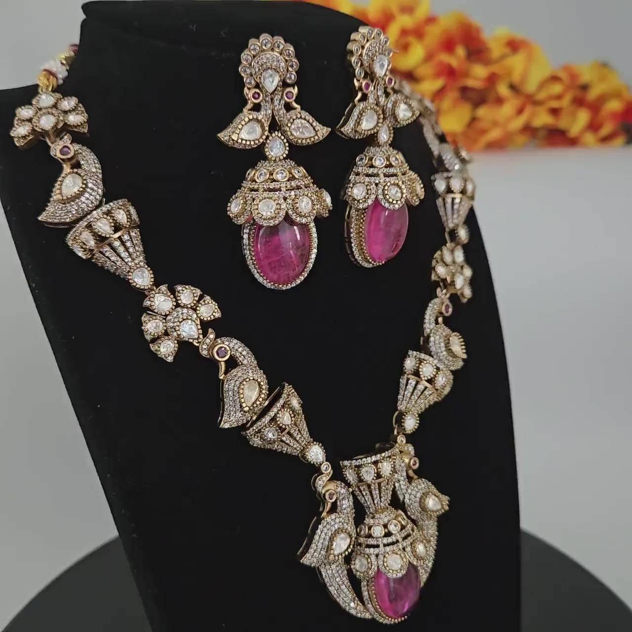 Pink moissanite polki stone statement necklace set| kundan polki indian wedding jewelry|american diamond bridal necklace earring set