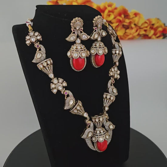 Red moissanite polki stone statement necklace set|kundan polki indian wedding jewelry|american diamond bridal necklace earrings|gift for you