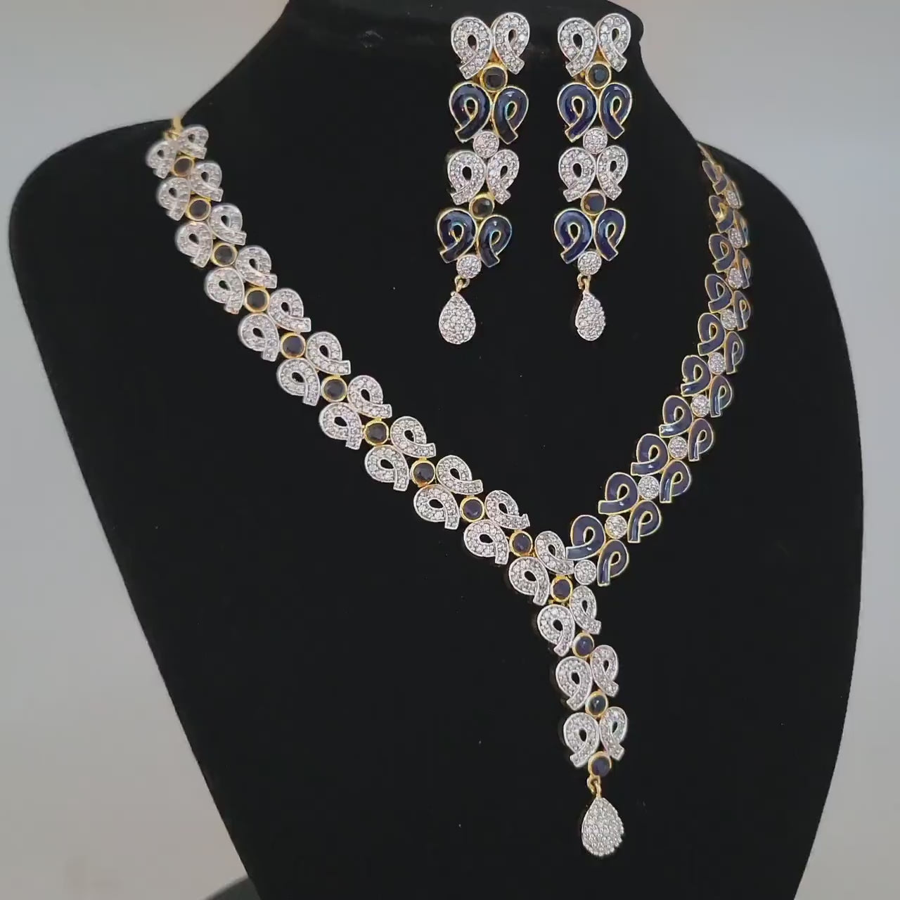Elegant Crystal Necklace and Earrings Set Available in Green,Ruby and Blue| Statement American Diamond Wedding Jewelry| Perfect Gift for her