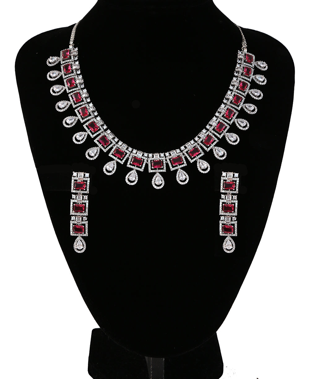 Zircon Stones and CZ Diamond Rhodium Plated Jewelry Set| Clear Teardrop Choker Necklace|Wedding Necklace and Earrings Set