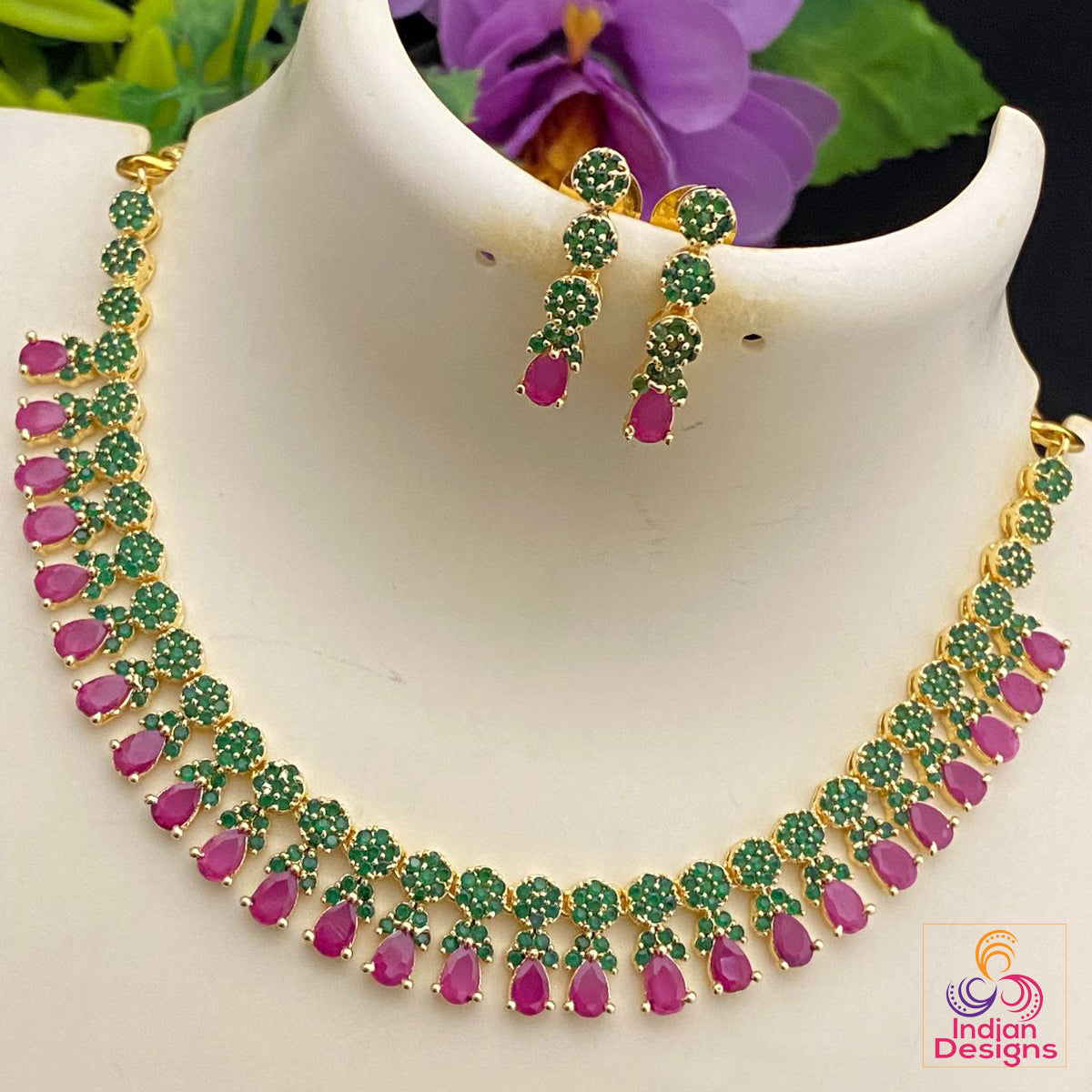 Gold Plated American diamond necklace set | CZ Emerald stone cute necklace set