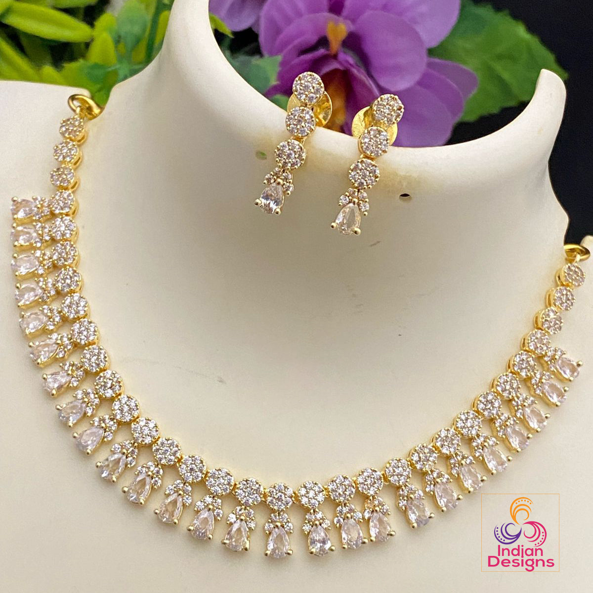 Gold Plated American diamond necklace set | CZ Emerald stone cute necklace set