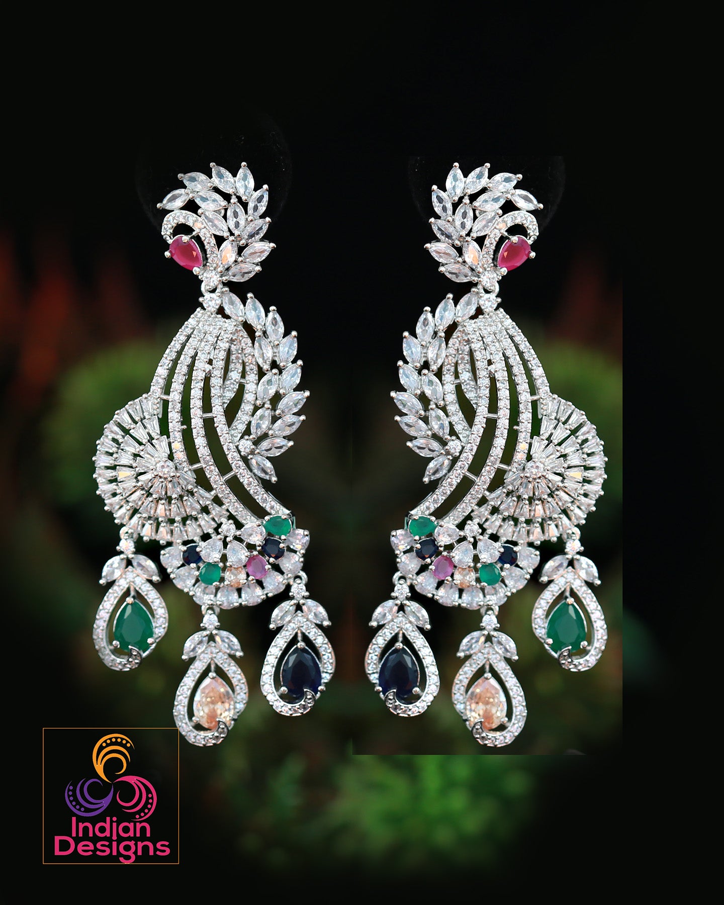 American diamond earrings in silver | CZ Pink Mint Green Diamond Peacock Earrings