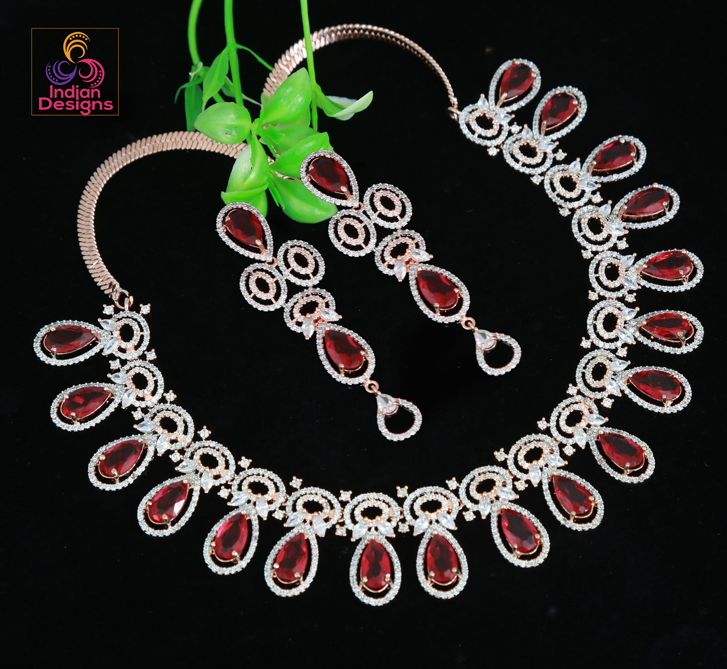 American Diamond Necklace | Tear-Drop Pink stone CZ Stone Jewelry