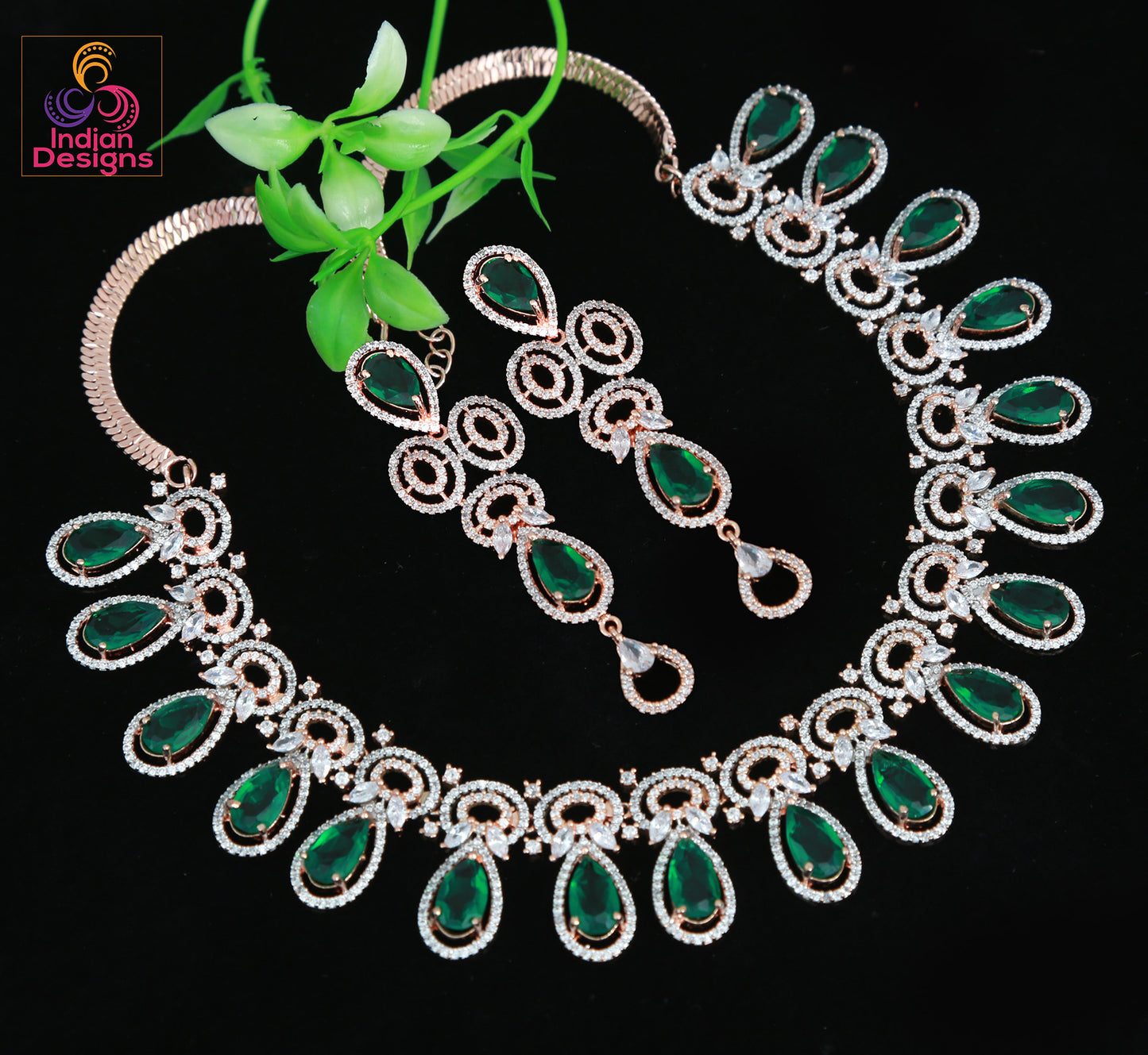American Diamond Rose Gold Necklace | Indian Bollywood Wedding Bridal Jewelry | CZ Ad stone Necklace | Crystal mint green Statement necklace