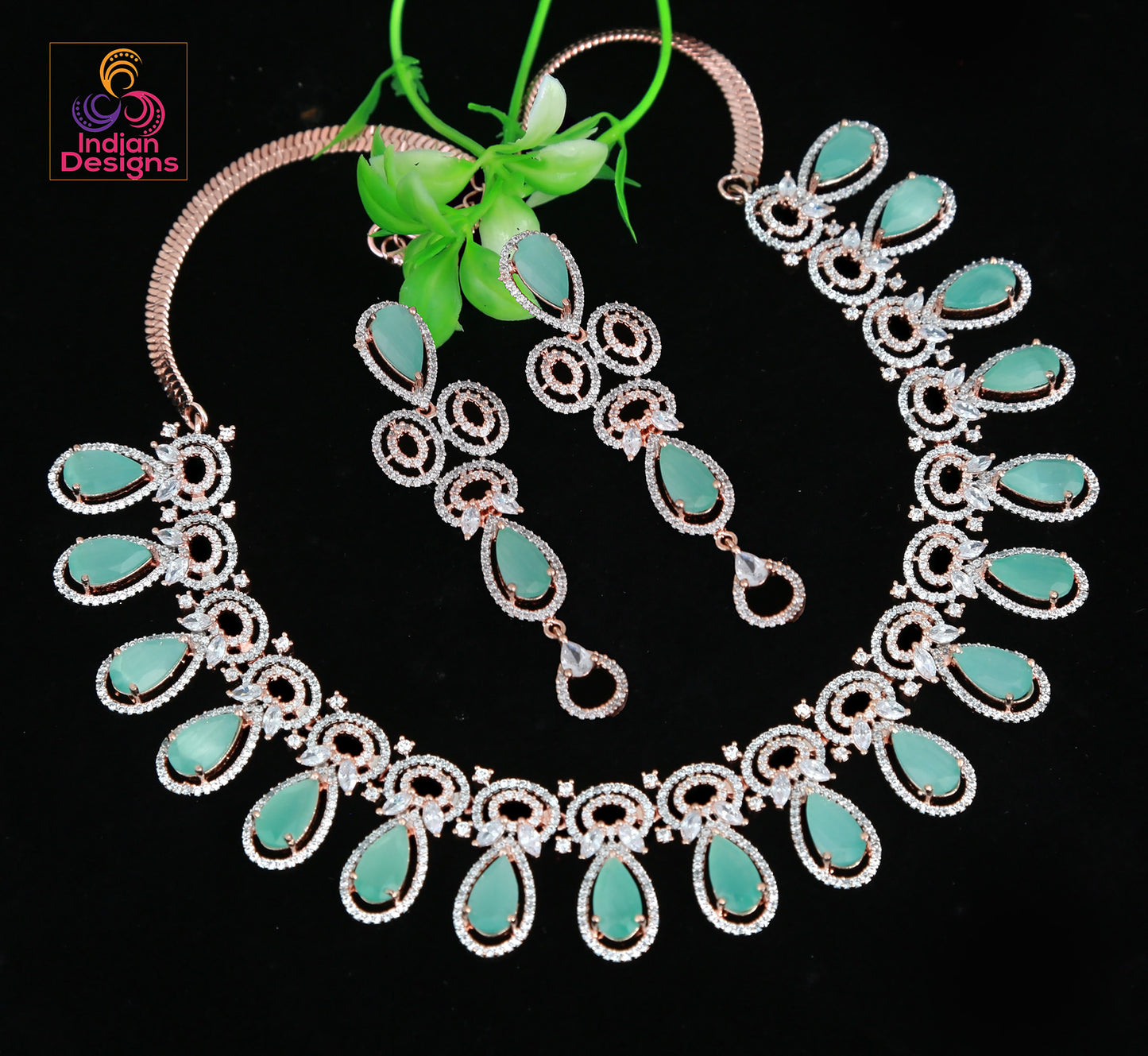 American Diamond Rose Gold Necklace | Indian Bollywood Wedding Bridal Jewelry | CZ Ad stone Necklace | Crystal mint green Statement necklace