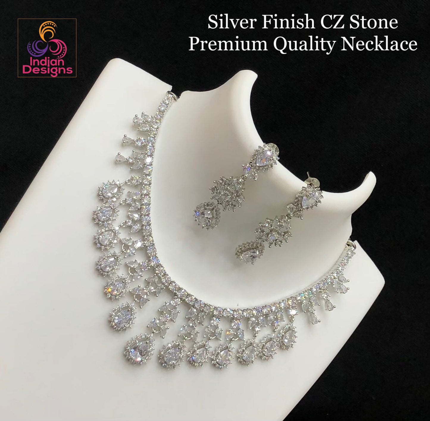 Cute silver CZ choker necklaces  American Diamond Indian Choker earri –  Indian Designs