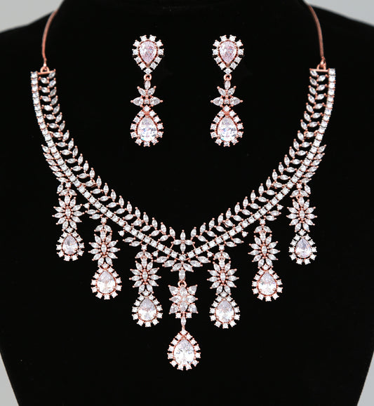 Rose Gold CZ White Stones Necklace - Statement jewelry American Diamond Jewelry for Indian and Pakistani Bridal, Bollywood and Indian Wedding