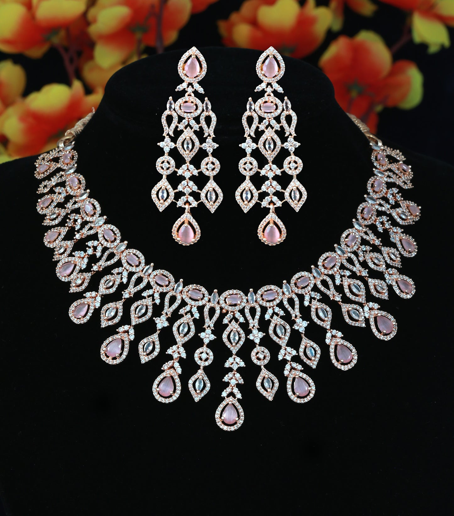 Rose Gold Pink CZ Diamond Designer AD necklace earring set | American diamond Wedding jewelry