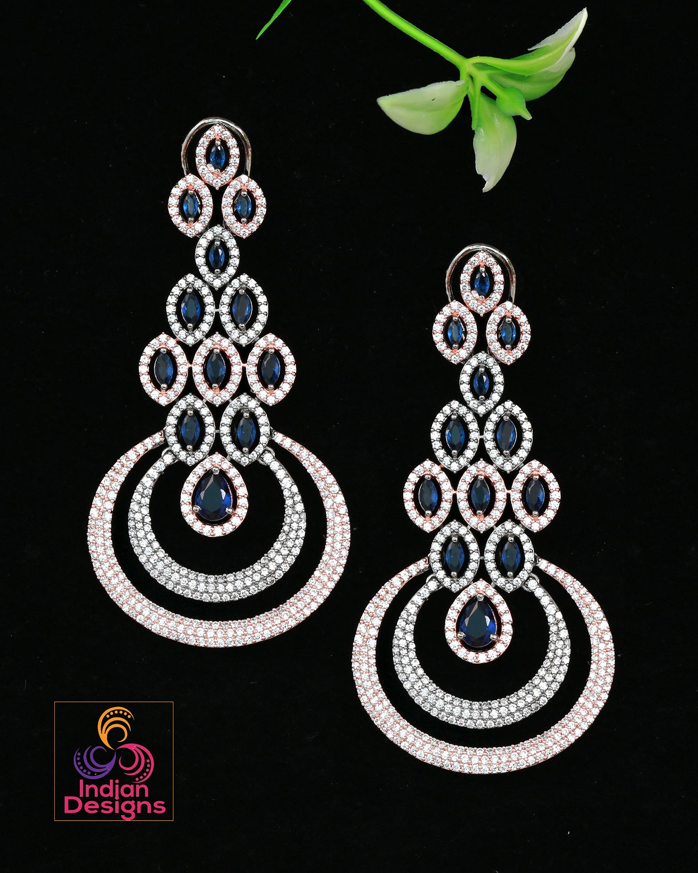 Dual tone American Diamond Dangle Drop Earrings | Rose gold & Oxidized Chandelier Earrings