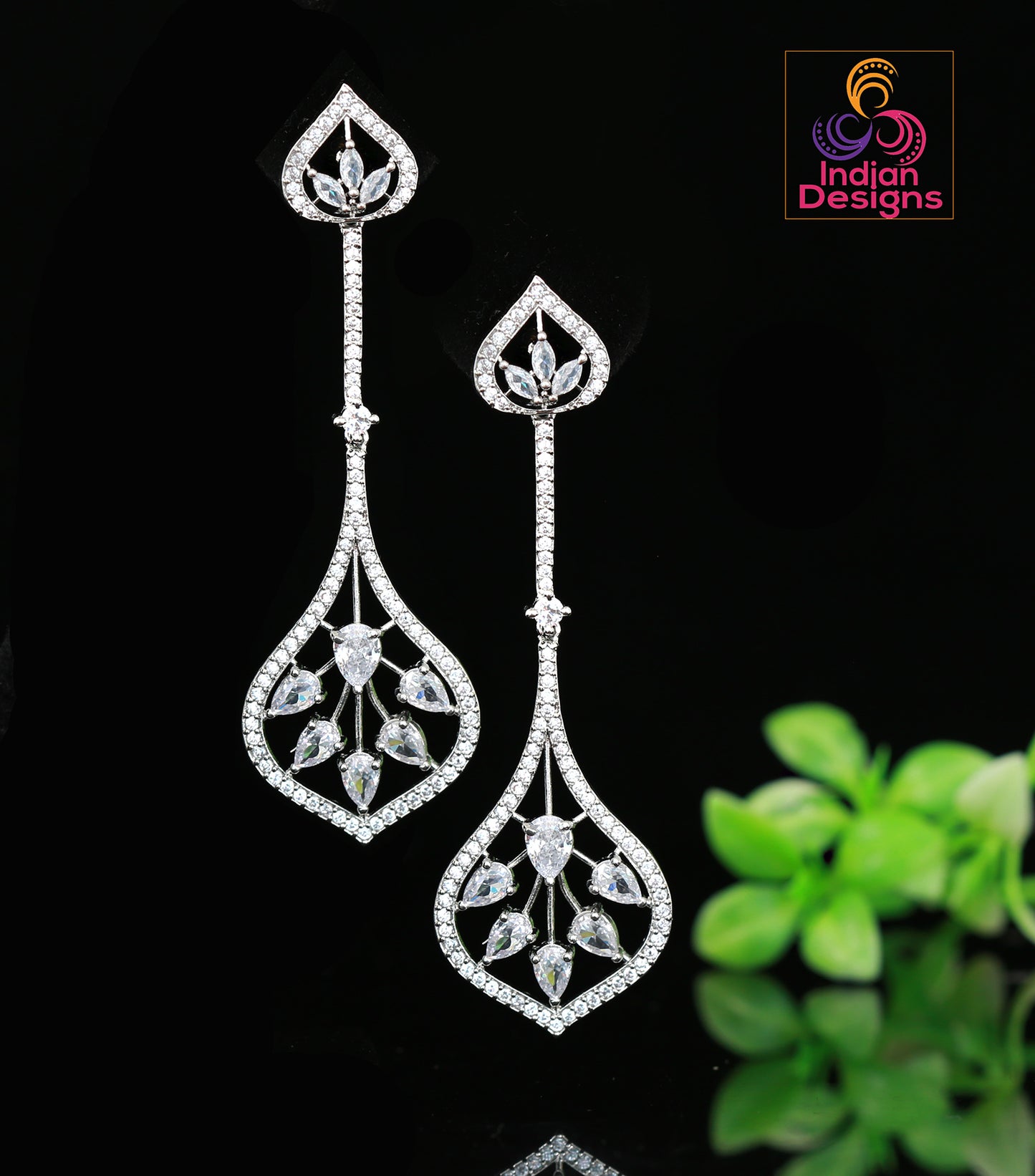 Minimalist Silver drop dangle earrings | Rose-Gold Luxury look CZ Diamond crystal Long Drop Earrings