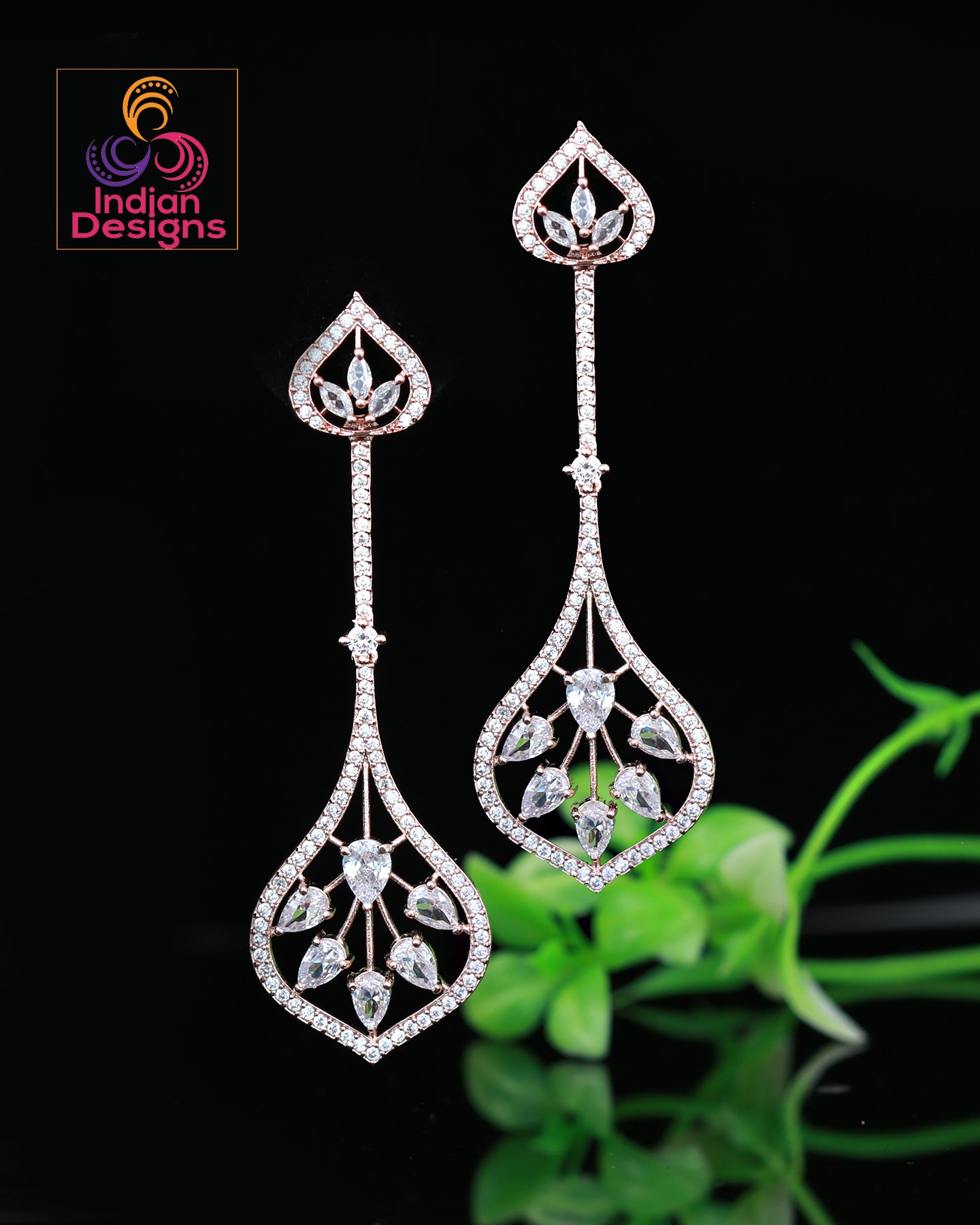 Minimalist Silver drop dangle earrings | Rose-Gold Luxury look CZ Diamond crystal Long Drop Earrings